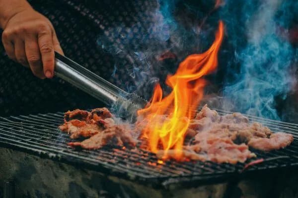 Vlees op de houtskoolgrill met vlammen